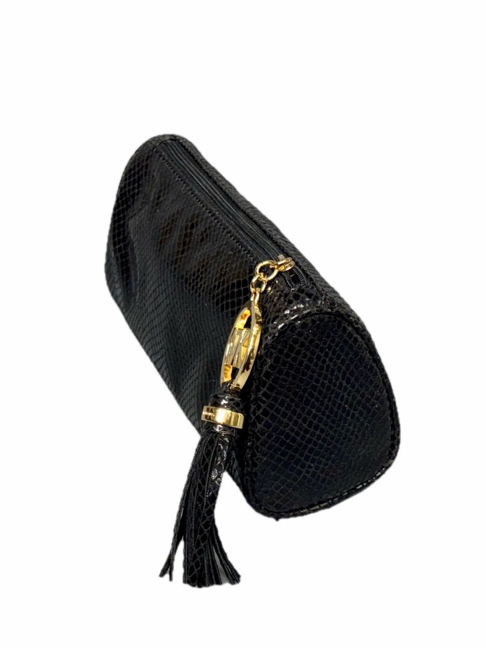 Michael Kors Black Snake-Embossed Leather Cosmetic Pouch w Gold MK Tassel EUC - Picture 8 of 15